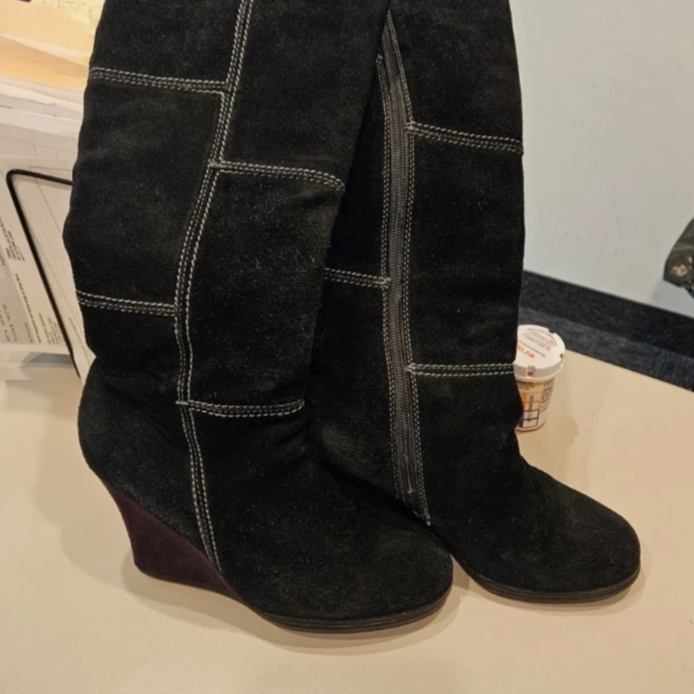 Dr Sholls Black Suede Patchwork Wedge Boots - Picture 6 of 11